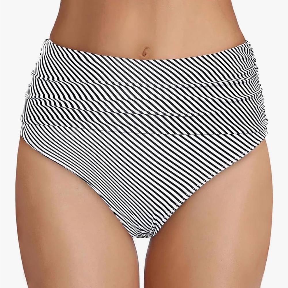 Beach Sissi Women's Black White Stripe High Waisted Bikini Bottom, Medium